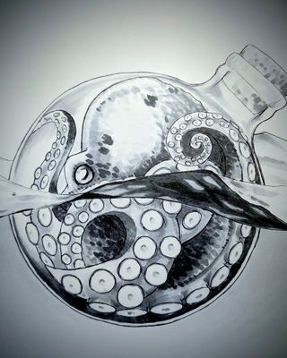 A drawing created as part of inktober 2021 for the prompt 'Vessel'. Features an octopus sailing the seas in a sealed flask as a vessel.