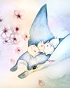A watercolor painting titled "Manta Buns". Displays small little bunnies riding on the back of a giant manta ray.