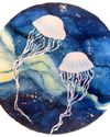 A watercolor painting of two jellyfish floating through space.