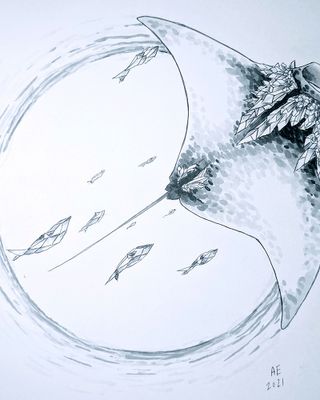 A drawing created as part of Inktober 2021 for the prompt 'Crystal'. Features a manta ray with crystal embellishments, followed by a small crystal school of fish in a ring.